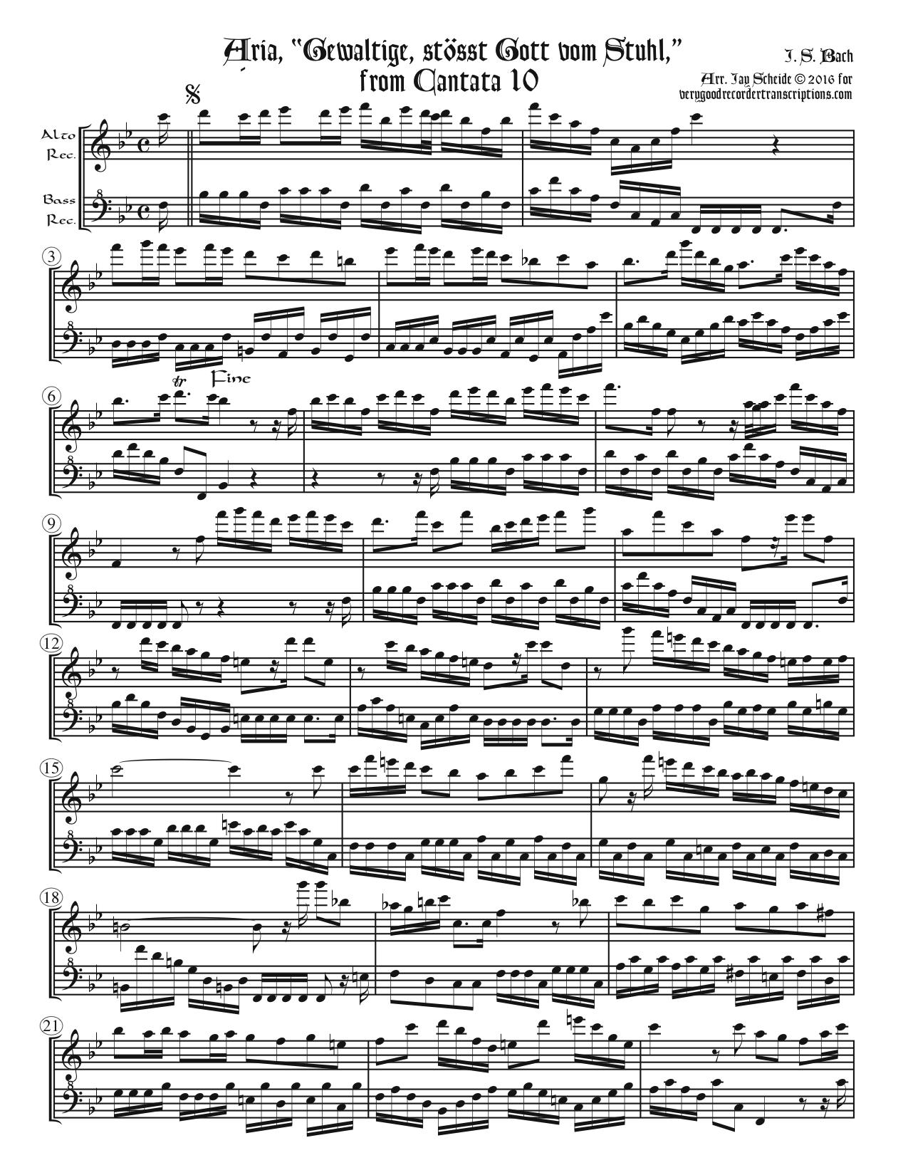 Aria, “Gewaltige, ößt Gott vom Stuhl,” from Cantata 10, arr. for alto & bass recorders