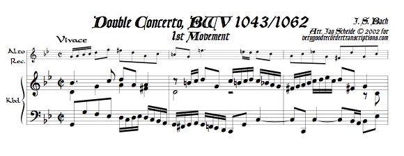 Concerto for 2 Violins, BWV 1043, all three mvmts., arr. for 2 recorders & kbd., with bass parts