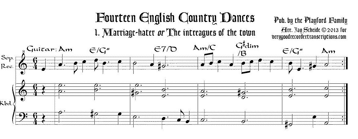 Fourteen English Country Dances, arr. for soprano recorder & keyboard/guitar