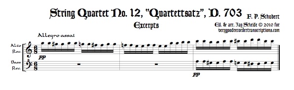 Excerpts from “Quartettsatz”, D. 703, arr. for alto & bass recorders, or for soprano & tenor