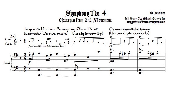 Excerpts from Symphony No. 4, 2nd Mvmt., arr. for tenor recorder with shift to soprano