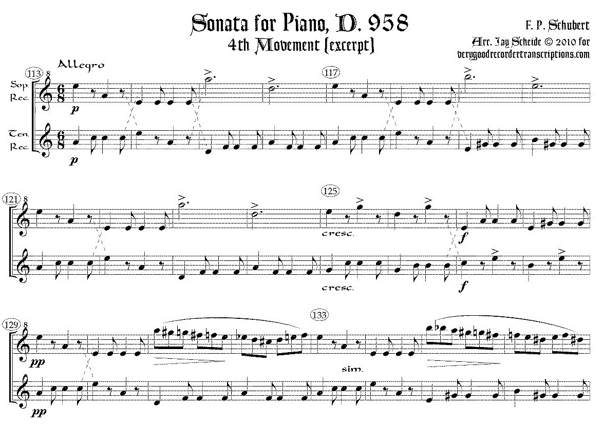 Excerpt from Piano Sonata D. 958, 4th mvmt., arr. for soprano & tenor recorders