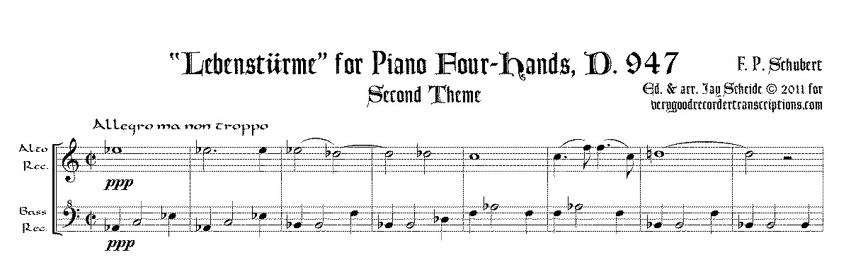 Excerpt from “Lebenstürme”, D. 947 for pf. 4-hands, arr. for alto and bass recorders, two versions, one with switch to alto @415