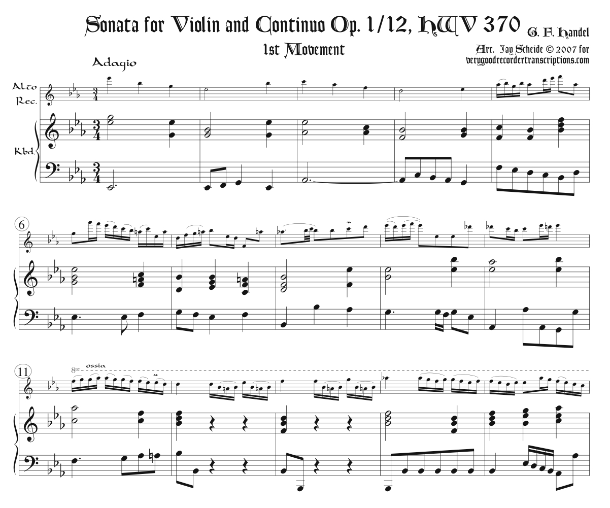 Sonata, Op. 1 No. 12, HWV 370, 1st Mvmt., two versions