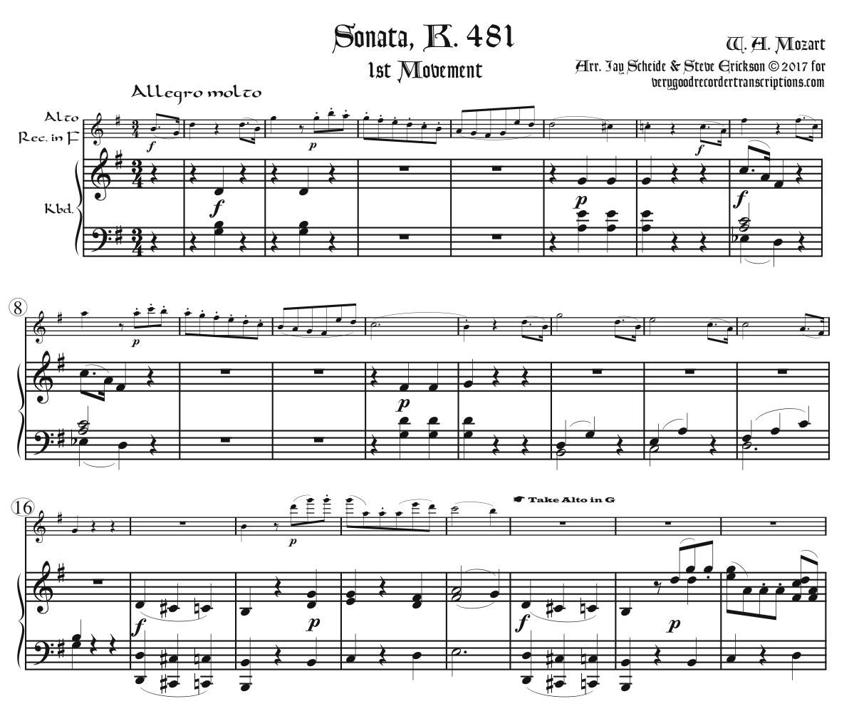 Sonata K. 481, arr. for alto in F doubling alto in G