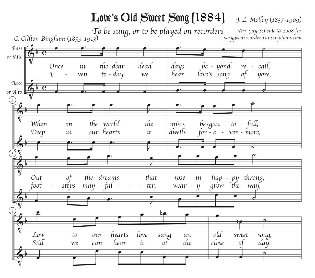 Love's Old Sweet Song, arr. for 2 bass or alto recorders