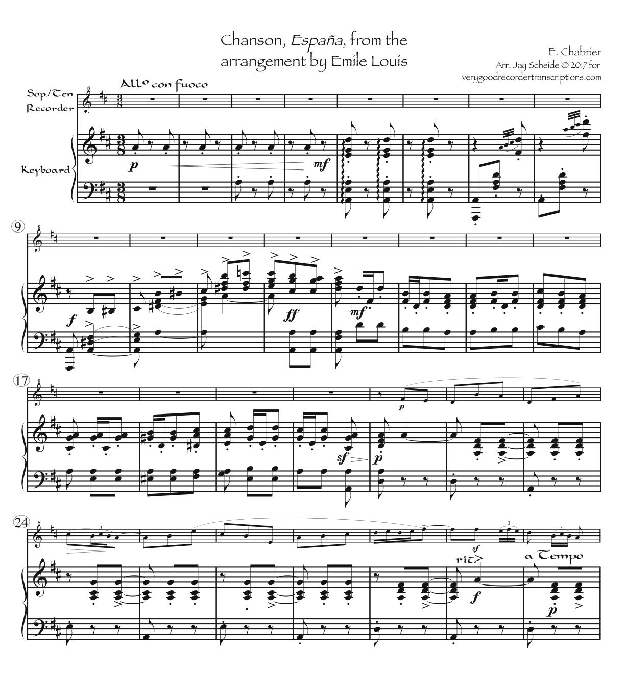 España, from the song arrangement, for soprano or tenor recorder, two versions