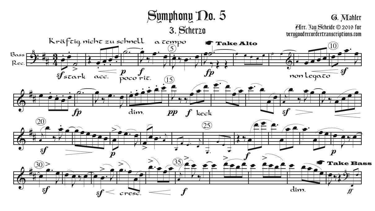 Scherzo from Symphony No. 5, arr. for one player alternating between SAT & B recorders