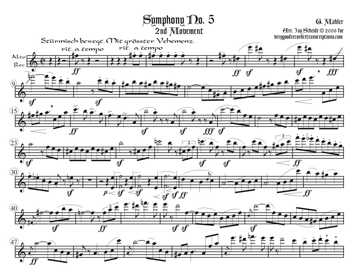First three Mvts. from Symphony No. 5, arr. for one player alternating between Soprano, Alto, Tenor & Bass and optional Sopranino