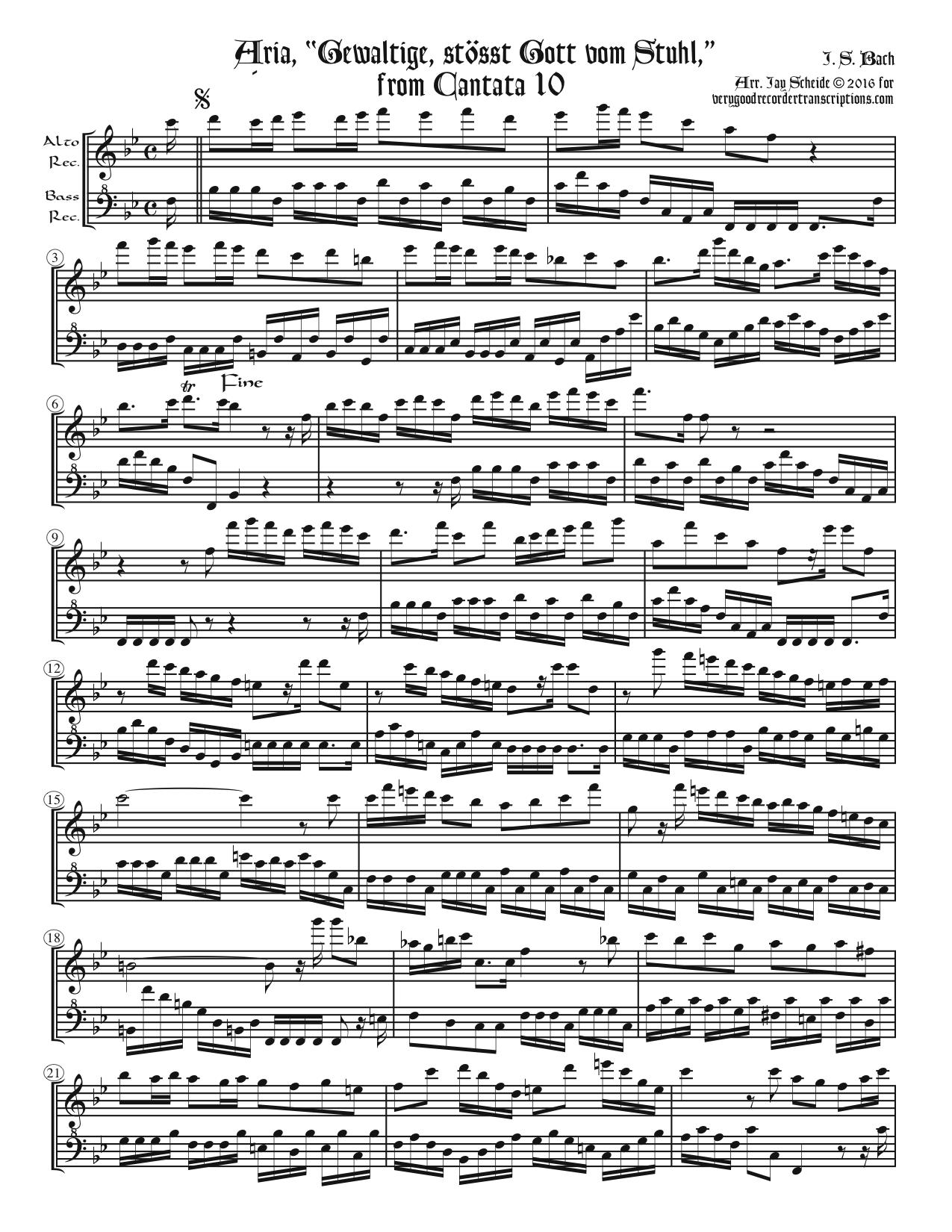 Aria, “Gewaltige ößt Gott vom Stuhl”, from Cantata 10, arr. for alto & bass recorders