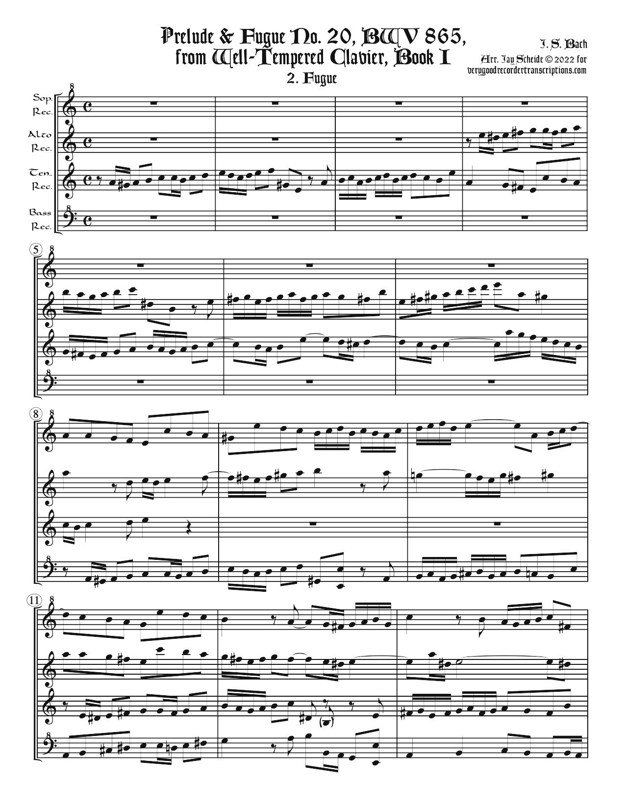 Fugue No. 20, BWV 865/2, arr. for SATB recorders