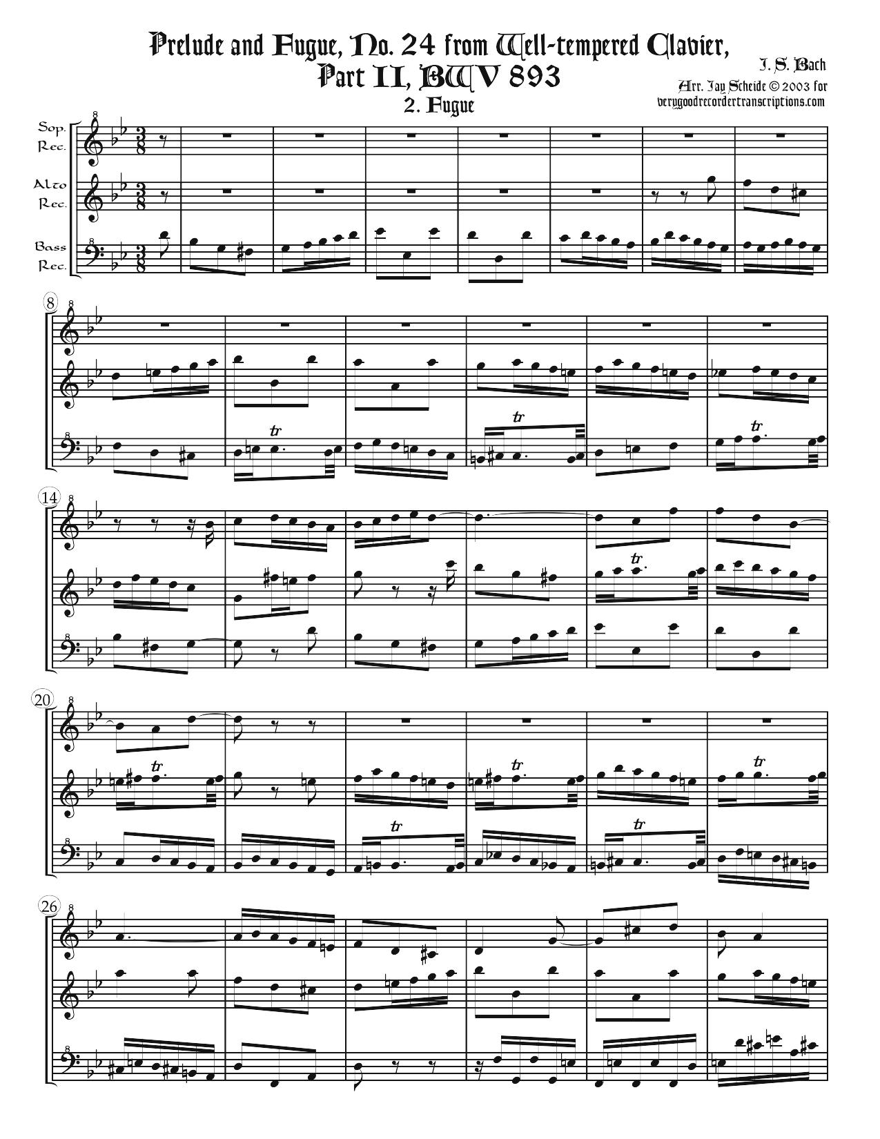 Fugue No. 24, BWV 893/2, arr. for SAB recorders